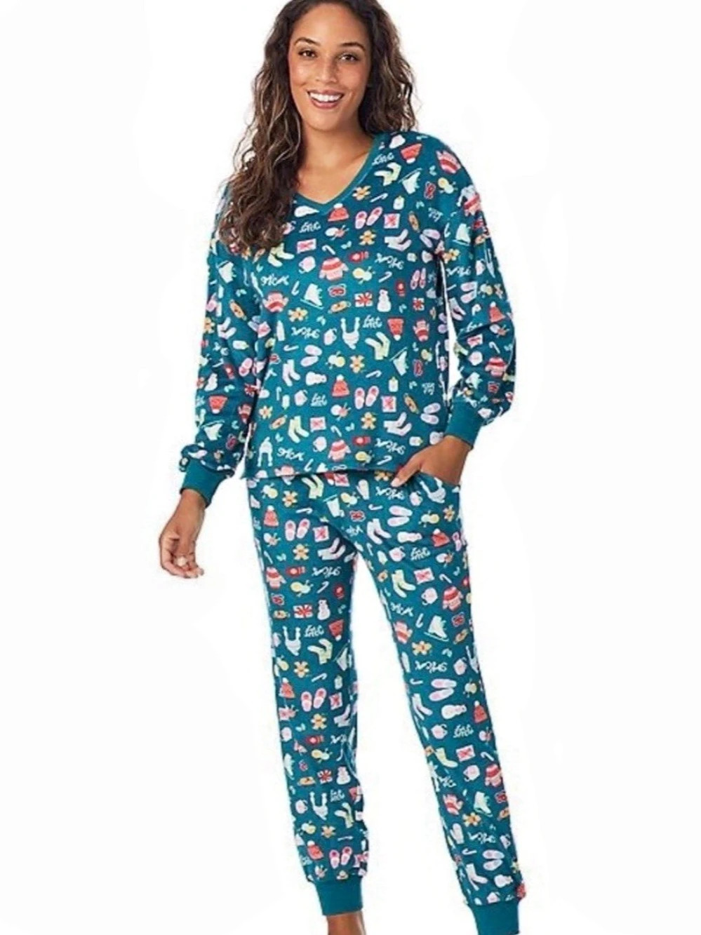 Cuddl Duds Long-Sleeve LET IT SNOW Print Pajama Set Pajama Set Teal Blue Green &